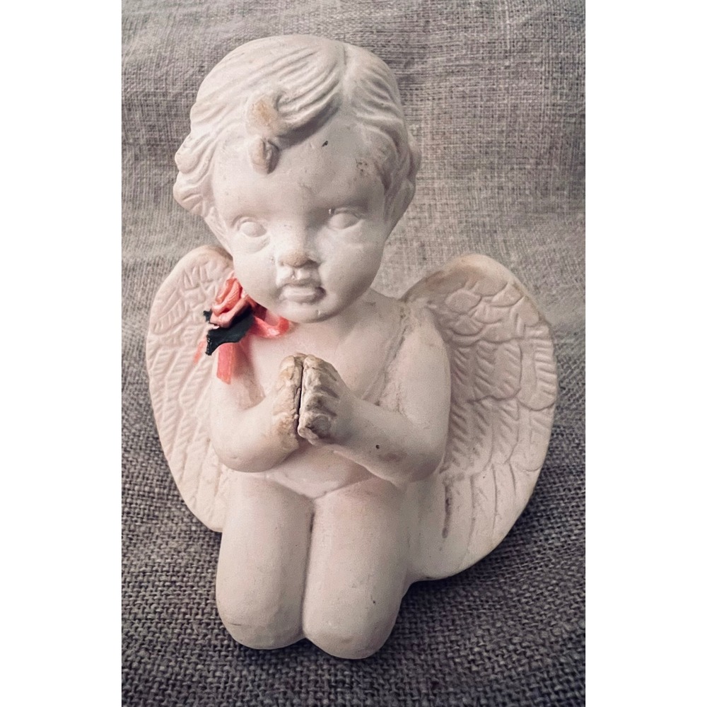 Vintage Kneeling Praying Cherub Angel Figurine with Pink Rose Detail 4"